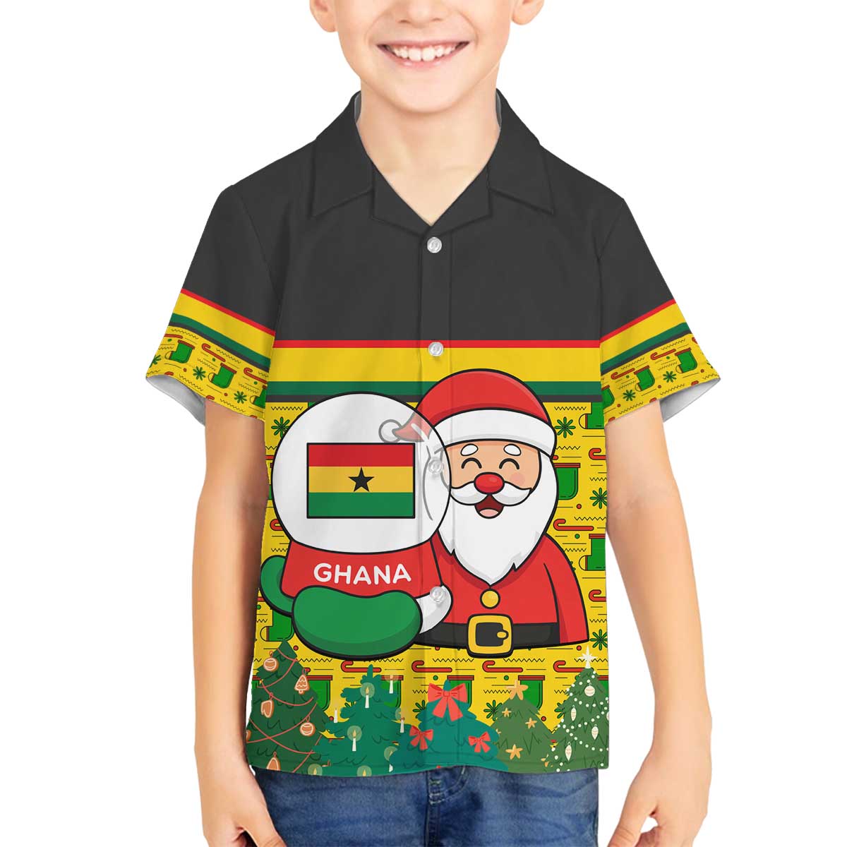 Ghana Christmas Family Matching Off The Shoulder Long Sleeve Dress and Hawaiian Shirt with Santa Ornament National Coat of Arms and Festive - Wonder Print Shop