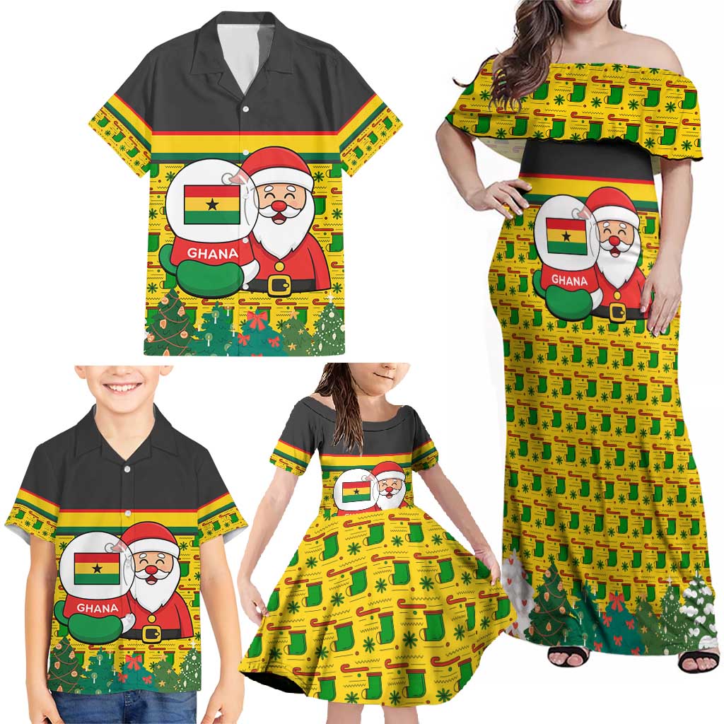 Ghana Christmas Family Matching Off Shoulder Maxi Dress and Hawaiian Shirt with Santa Ornament National Coat of Arms and Festive - Wonder Print Shop