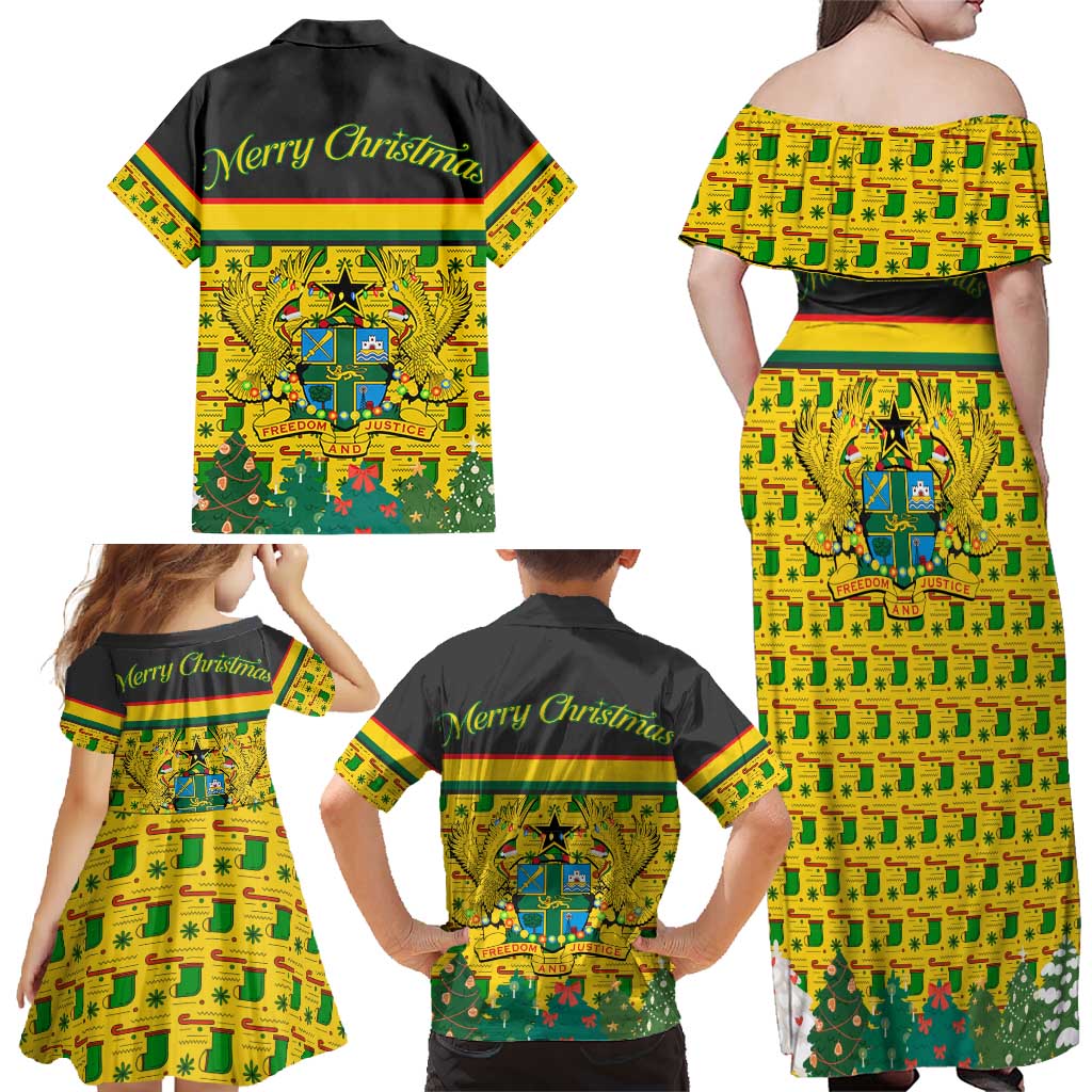 Ghana Christmas Family Matching Off Shoulder Maxi Dress and Hawaiian Shirt with Santa Ornament National Coat of Arms and Festive - Wonder Print Shop