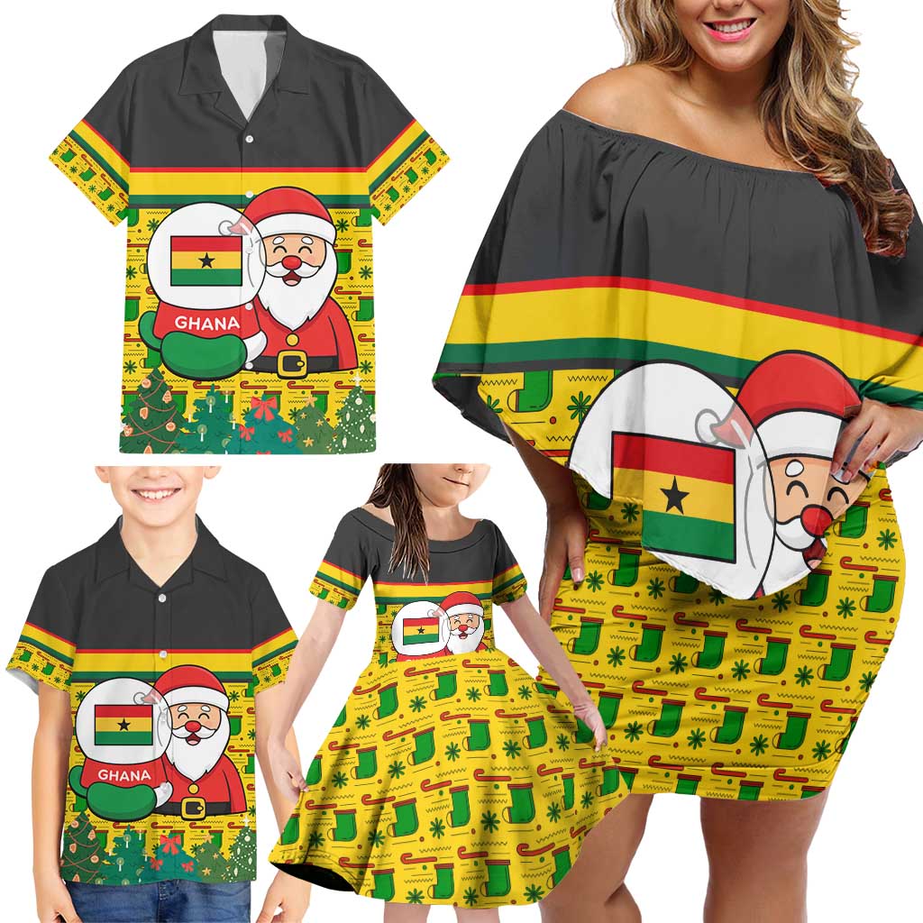 Ghana Christmas Family Matching Off Shoulder Short Dress and Hawaiian Shirt with Santa Ornament National Coat of Arms and Festive - Wonder Print Shop