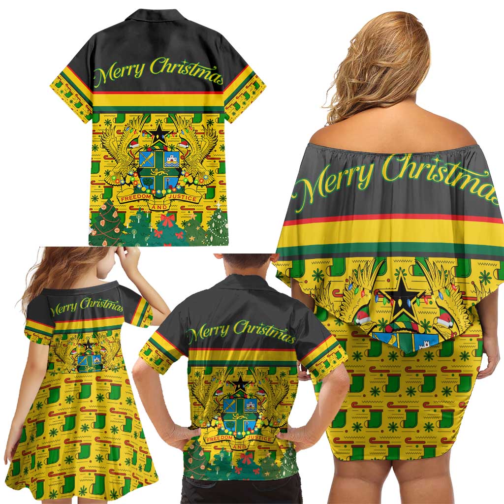 Ghana Christmas Family Matching Off Shoulder Short Dress and Hawaiian Shirt with Santa Ornament National Coat of Arms and Festive - Wonder Print Shop