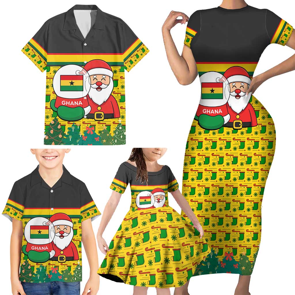 Ghana Christmas Family Matching Short Sleeve Bodycon Dress and Hawaiian Shirt with Santa Ornament National Coat of Arms and Festive - Wonder Print Shop