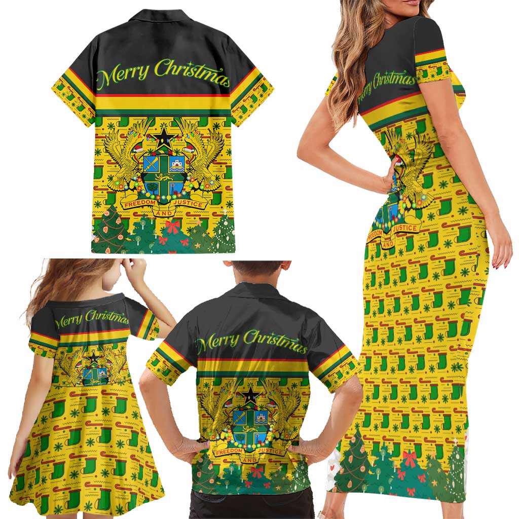 Ghana Christmas Family Matching Short Sleeve Bodycon Dress and Hawaiian Shirt with Santa Ornament National Coat of Arms and Festive - Wonder Print Shop