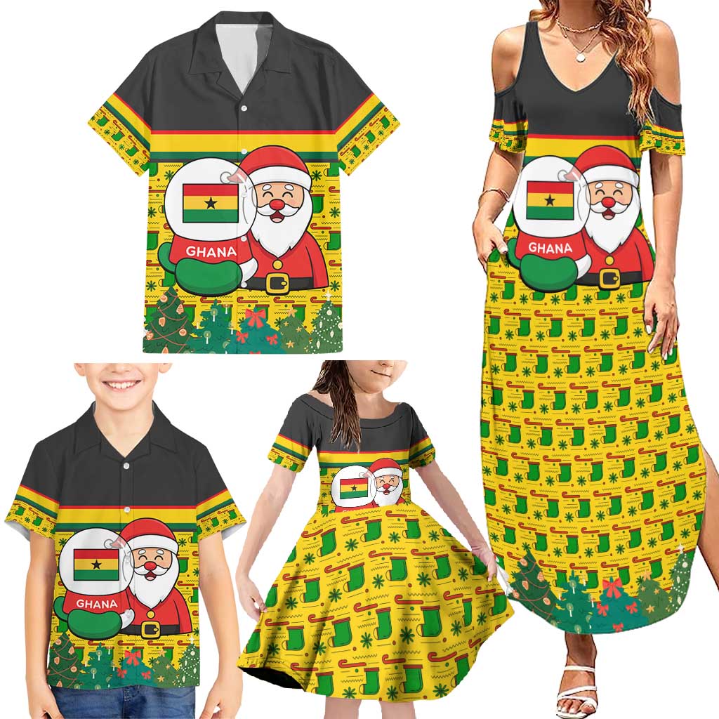Ghana Christmas Family Matching Summer Maxi Dress and Hawaiian Shirt with Santa Ornament National Coat of Arms and Festive - Wonder Print Shop