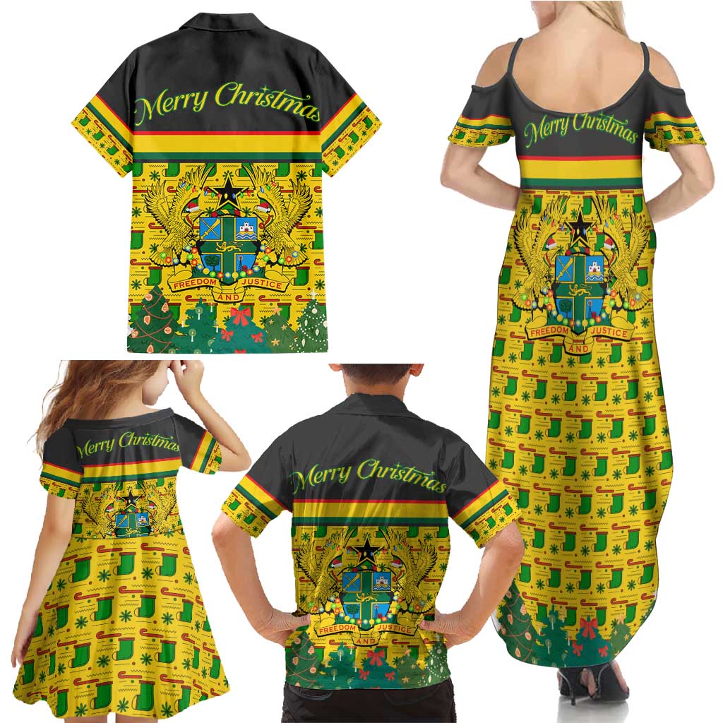 Ghana Christmas Family Matching Summer Maxi Dress and Hawaiian Shirt with Santa Ornament National Coat of Arms and Festive - Wonder Print Shop