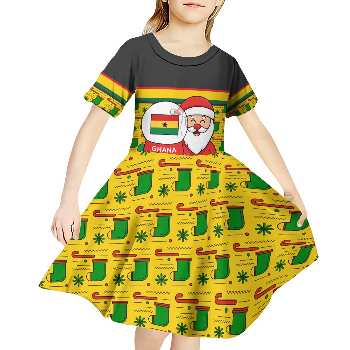 Ghana Christmas Kid Short Sleeve Dress with Santa Ornament National Coat of Arms and Festive - Wonder Print Shop