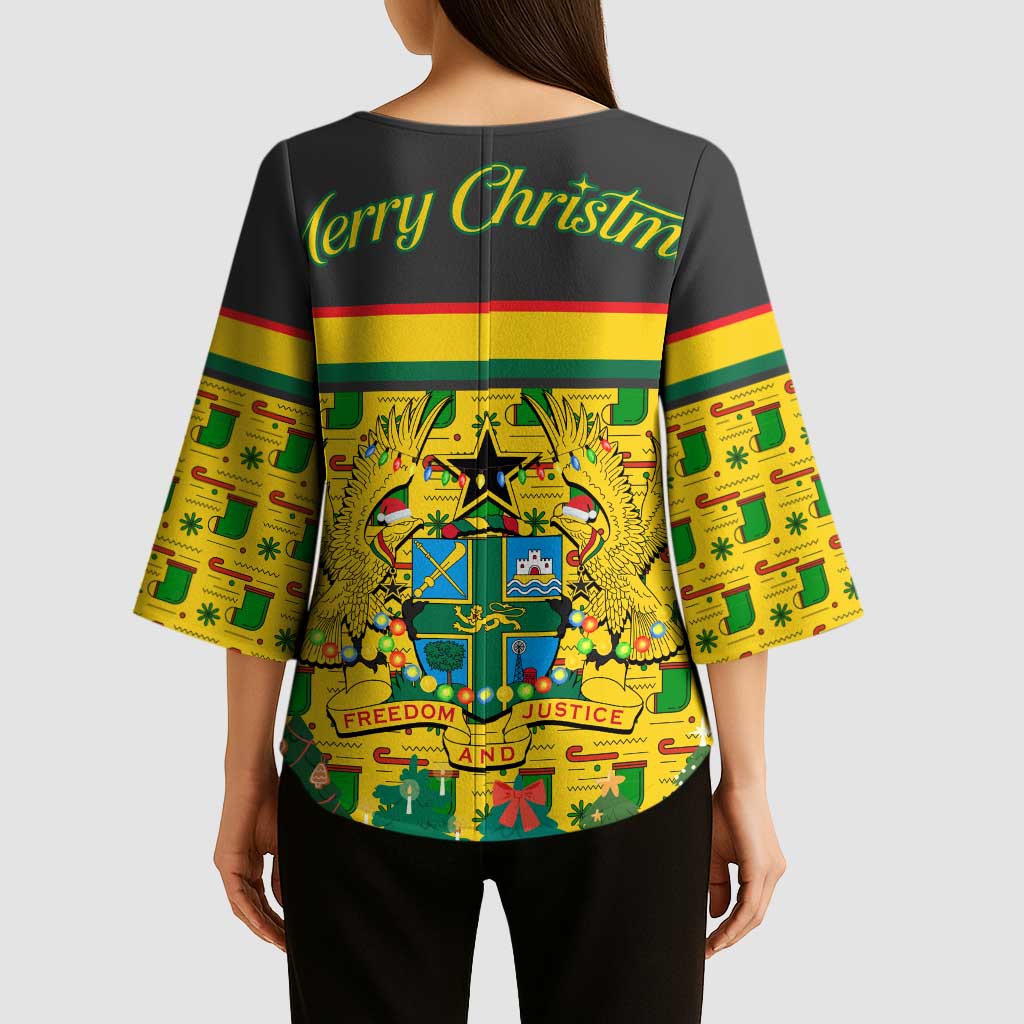 Ghana Christmas Kimono Sleeve Blouse with Santa Ornament National Coat of Arms and Festive - Wonder Print Shop