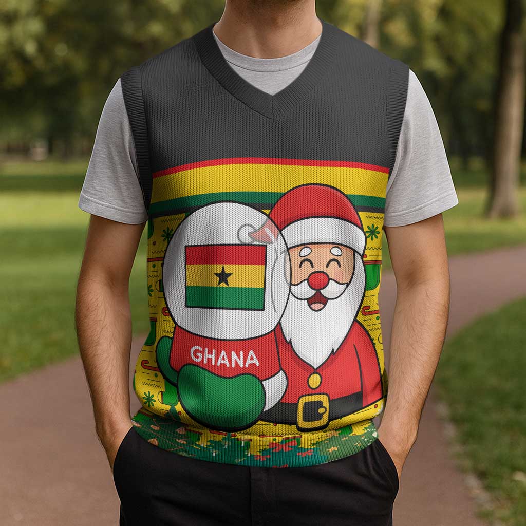 Ghana Christmas Knitted V-Neck Vest with Santa Ornament National Coat of Arms and Festive - Wonder Print Shop