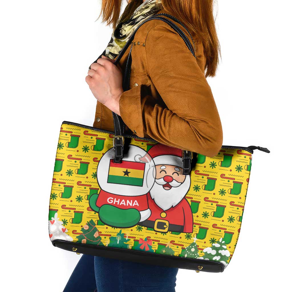 Ghana Christmas Leather Tote Bag with Santa Ornament National Coat of Arms and Festive - Wonder Print Shop