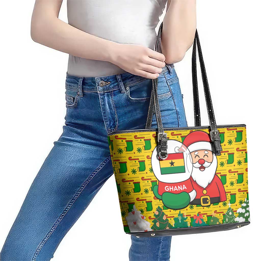 Ghana Christmas Leather Tote Bag with Santa Ornament National Coat of Arms and Festive - Wonder Print Shop