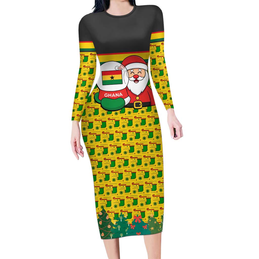 Ghana Christmas Long Sleeve Bodycon Dress with Santa Ornament National Coat of Arms and Festive - Wonder Print Shop