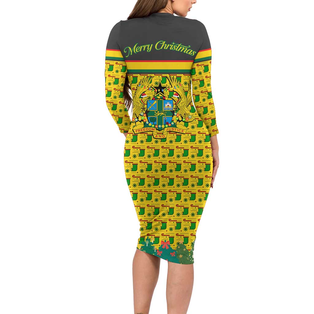 Ghana Christmas Long Sleeve Bodycon Dress with Santa Ornament National Coat of Arms and Festive - Wonder Print Shop