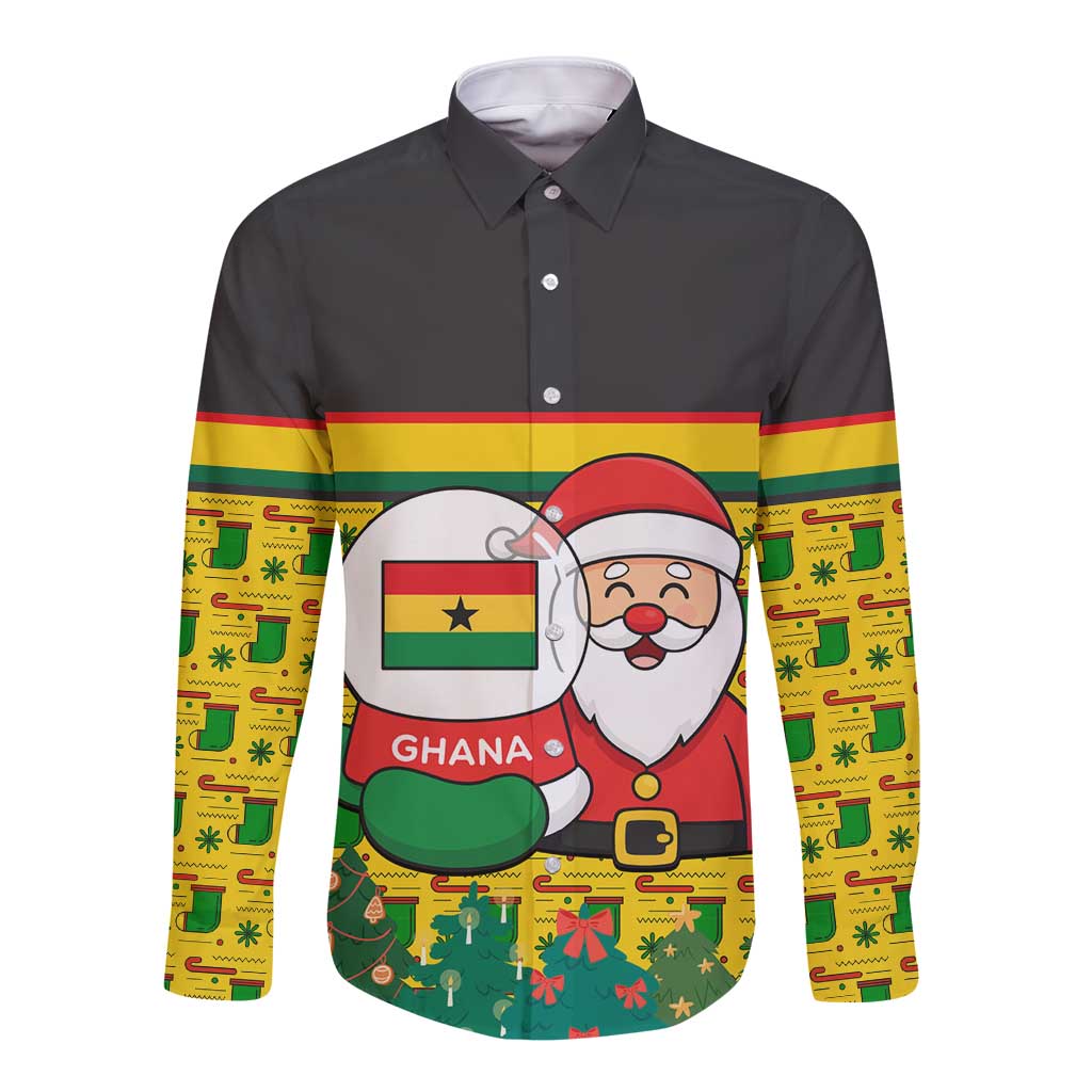 Ghana Christmas Long Sleeve Button Shirt with Santa Ornament National Coat of Arms and Festive - Wonder Print Shop