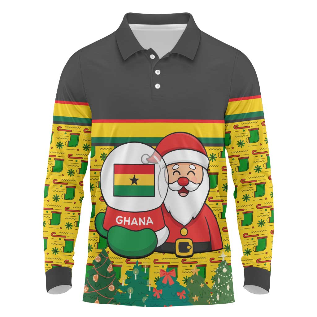 Ghana Christmas Long Sleeve Polo Shirt with Santa Ornament National Coat of Arms and Festive - Wonder Print Shop