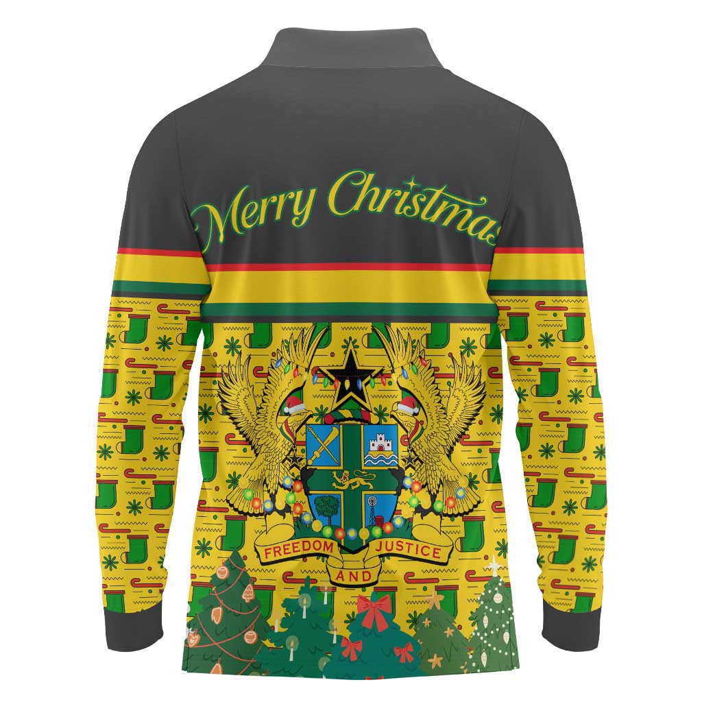 Ghana Christmas Long Sleeve Polo Shirt with Santa Ornament National Coat of Arms and Festive - Wonder Print Shop