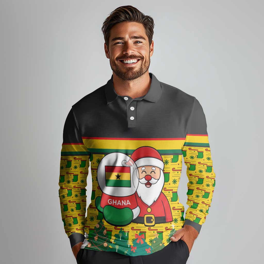 Ghana Christmas Long Sleeve Polo Shirt with Santa Ornament National Coat of Arms and Festive - Wonder Print Shop