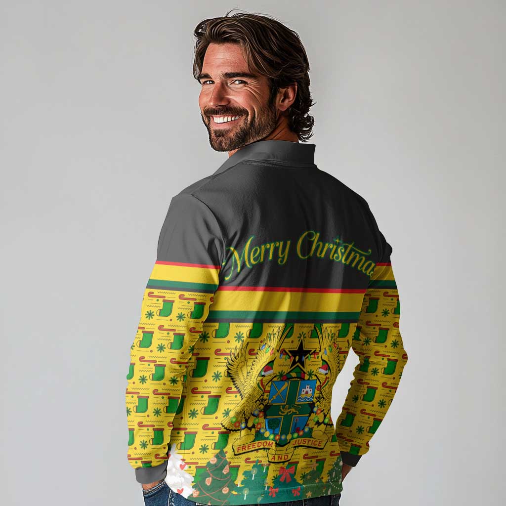 Ghana Christmas Long Sleeve Polo Shirt with Santa Ornament National Coat of Arms and Festive - Wonder Print Shop