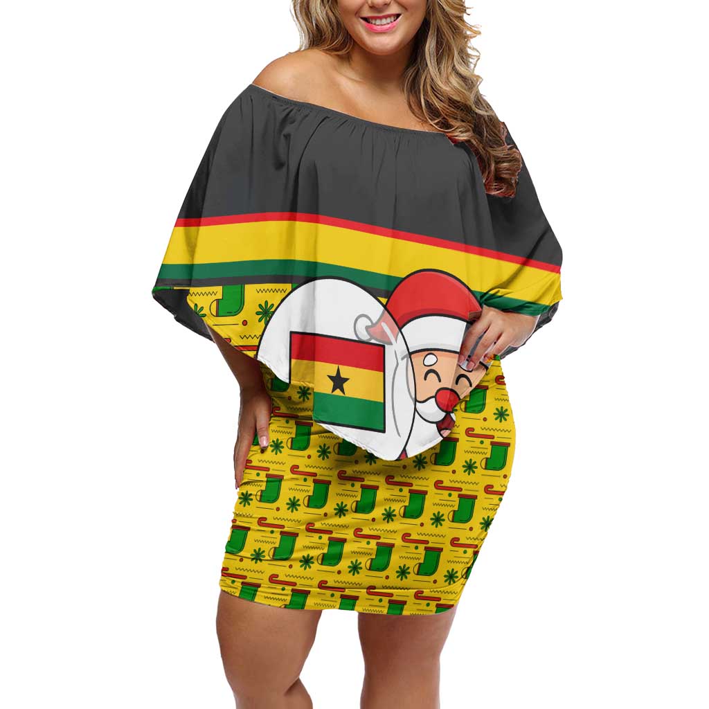 Ghana Christmas Off Shoulder Short Dress with Santa Ornament National Coat of Arms and Festive - Wonder Print Shop