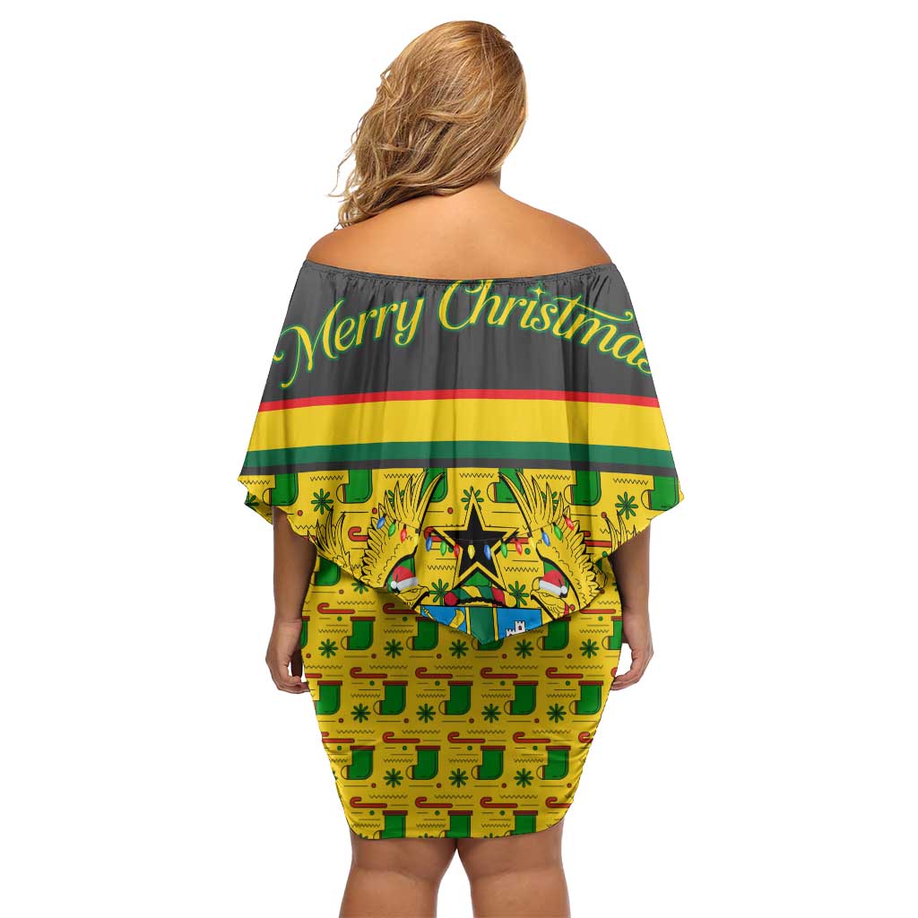 Ghana Christmas Off Shoulder Short Dress with Santa Ornament National Coat of Arms and Festive - Wonder Print Shop