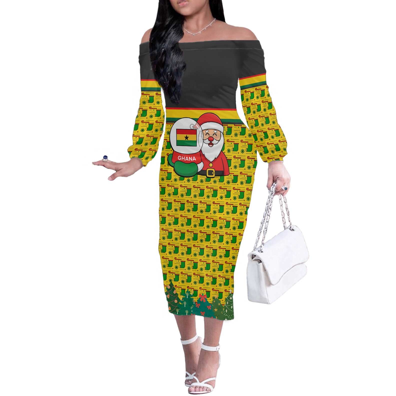 Ghana Christmas Off The Shoulder Long Sleeve Dress with Santa Ornament National Coat of Arms and Festive - Wonder Print Shop