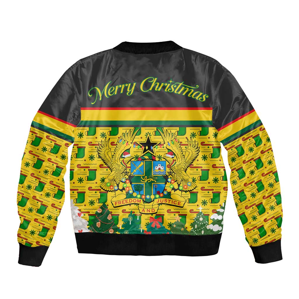 Ghana Christmas Sleeve Zip Bomber Jacket with Santa Ornament National Coat of Arms and Festive - Wonder Print Shop