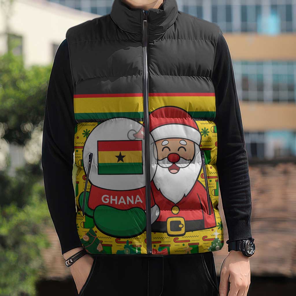 Ghana Christmas Sleeveless Puffer Jacket with Santa Ornament National Coat of Arms and Festive - Wonder Print Shop