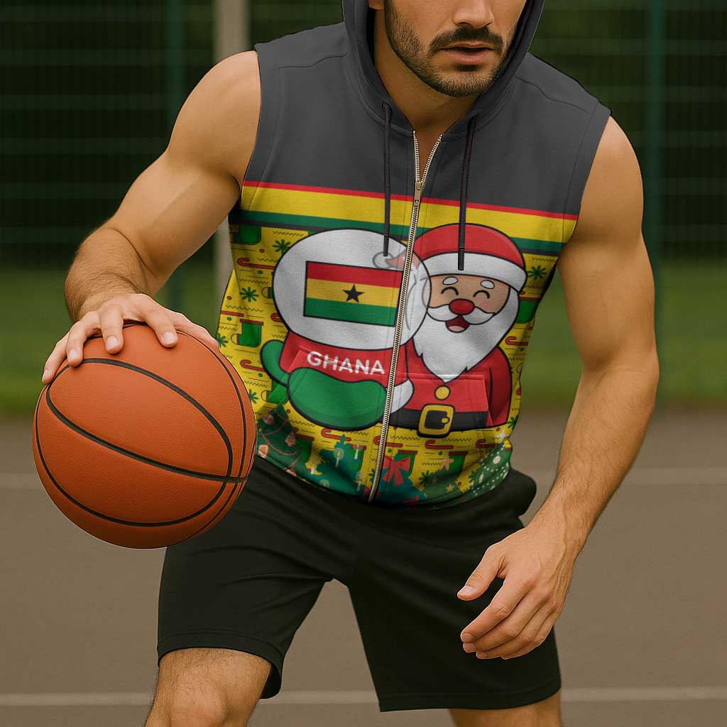 Ghana Christmas Sleeveless Zip Hoodie with Santa Ornament National Coat of Arms and Festive - Wonder Print Shop
