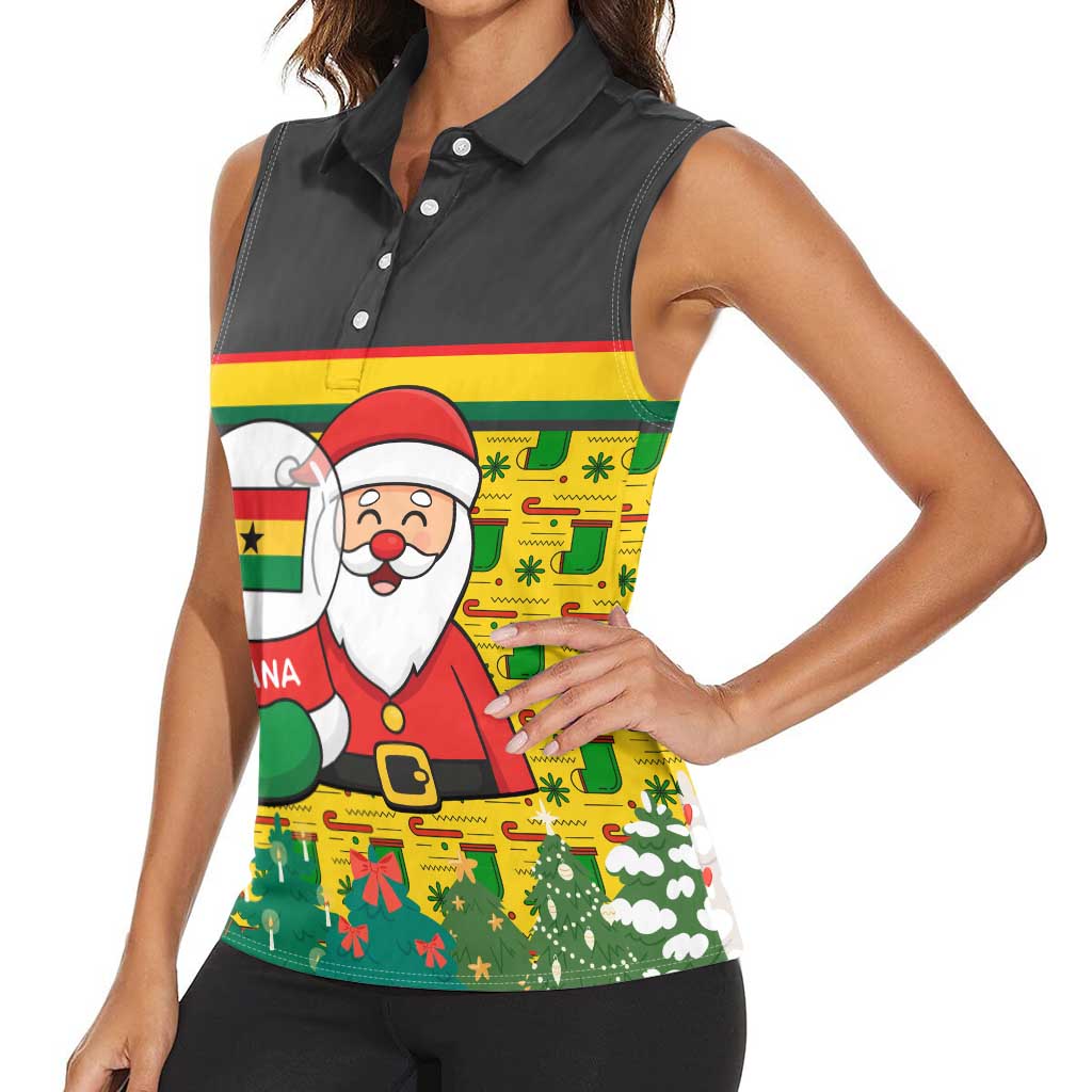 Ghana Christmas Women Sleeveless Polo Shirt with Santa Ornament National Coat of Arms and Festive - Wonder Print Shop