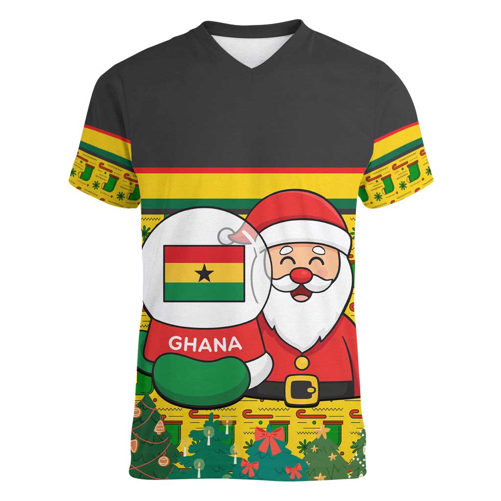 Ghana Christmas Women V-Neck T-Shirt with Santa Ornament National Coat of Arms and Festive - Wonder Print Shop