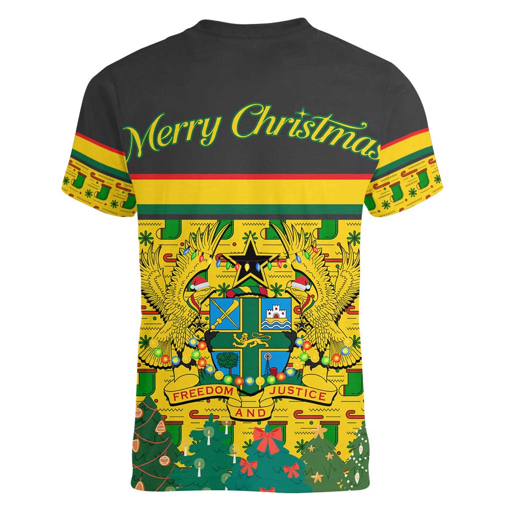 Ghana Christmas Women V-Neck T-Shirt with Santa Ornament National Coat of Arms and Festive - Wonder Print Shop