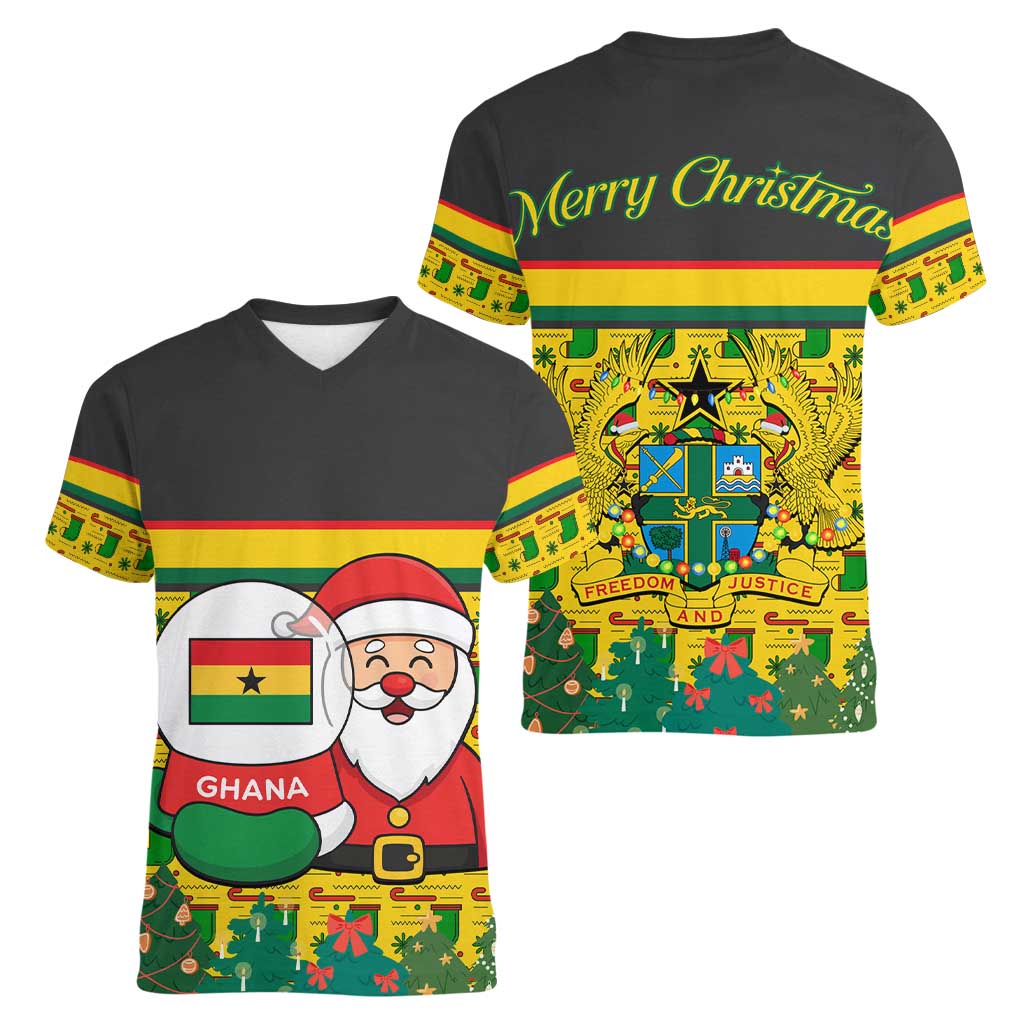Ghana Christmas Women V-Neck T-Shirt with Santa Ornament National Coat of Arms and Festive - Wonder Print Shop