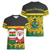 Ghana Christmas Women V-Neck T-Shirt with Santa Ornament National Coat of Arms and Festive - Wonder Print Shop