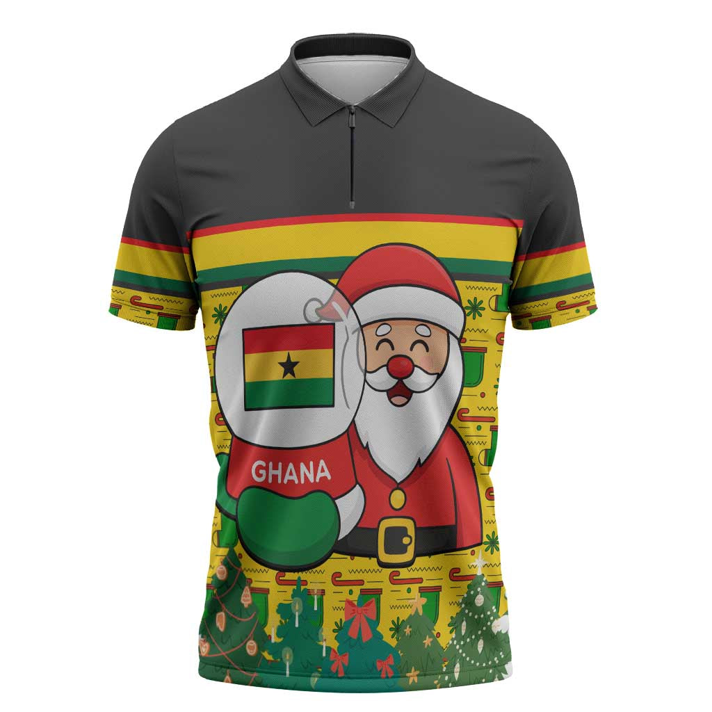 Ghana Christmas Zipper Polo Shirt with Santa Ornament National Coat of Arms and Festive - Wonder Print Shop