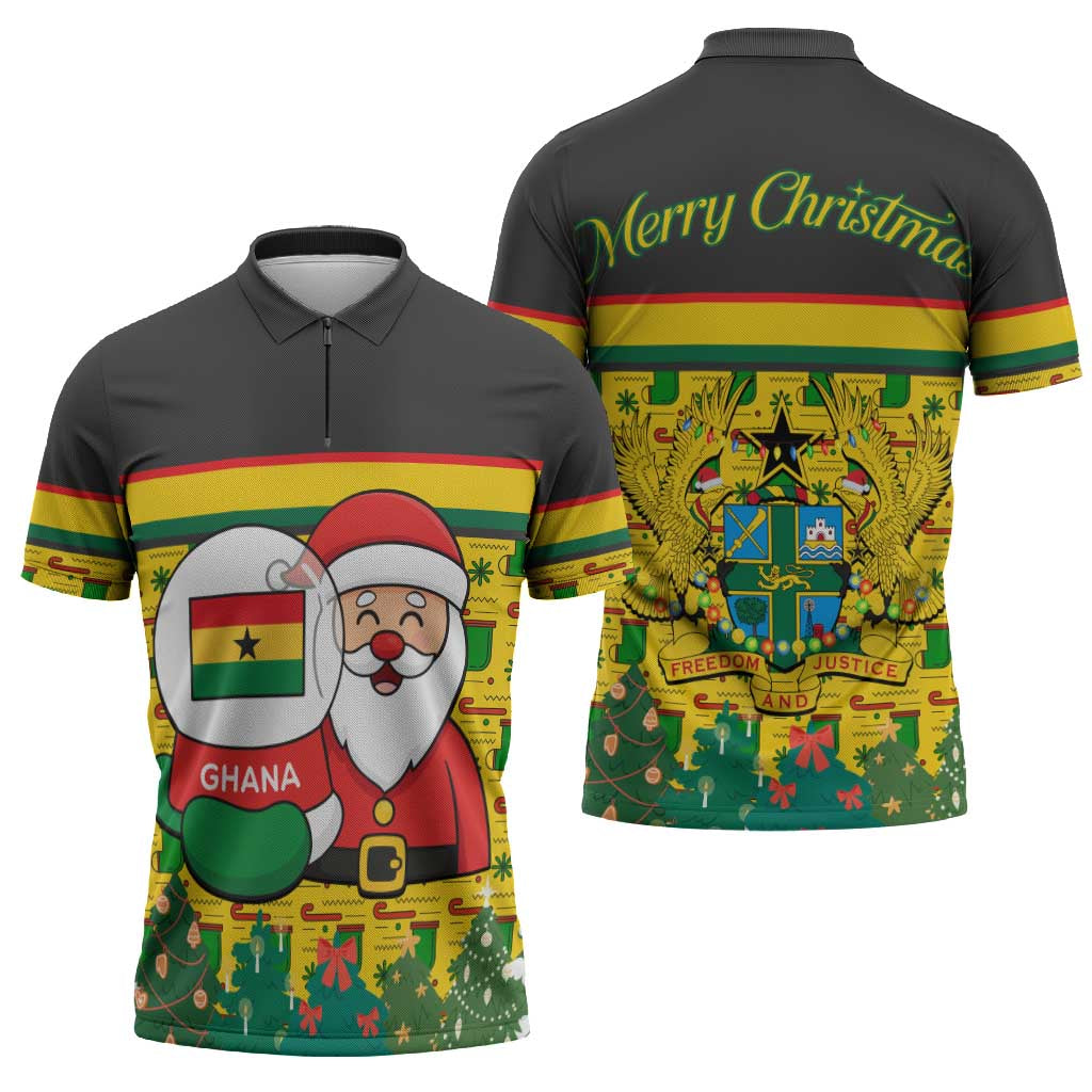 Ghana Christmas Zipper Polo Shirt with Santa Ornament National Coat of Arms and Festive - Wonder Print Shop