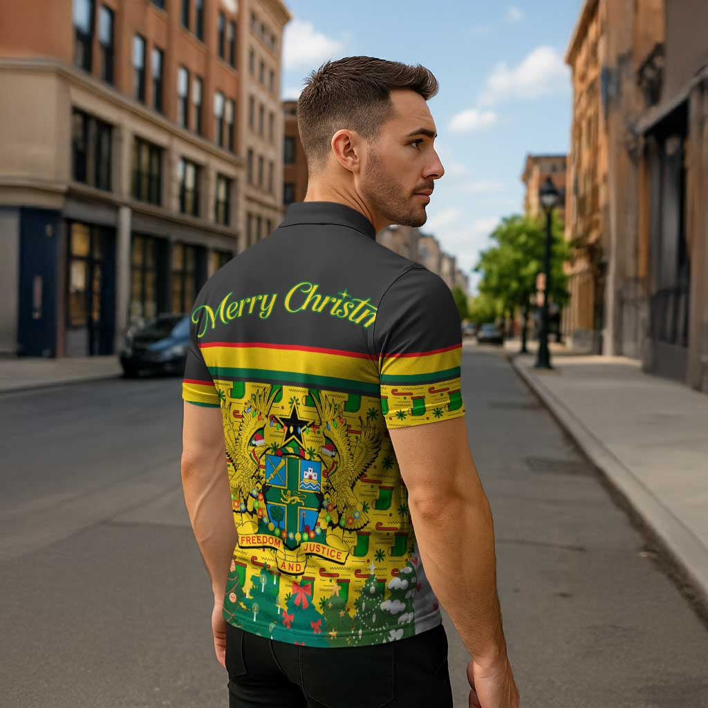 Ghana Christmas Zipper Polo Shirt with Santa Ornament National Coat of Arms and Festive - Wonder Print Shop
