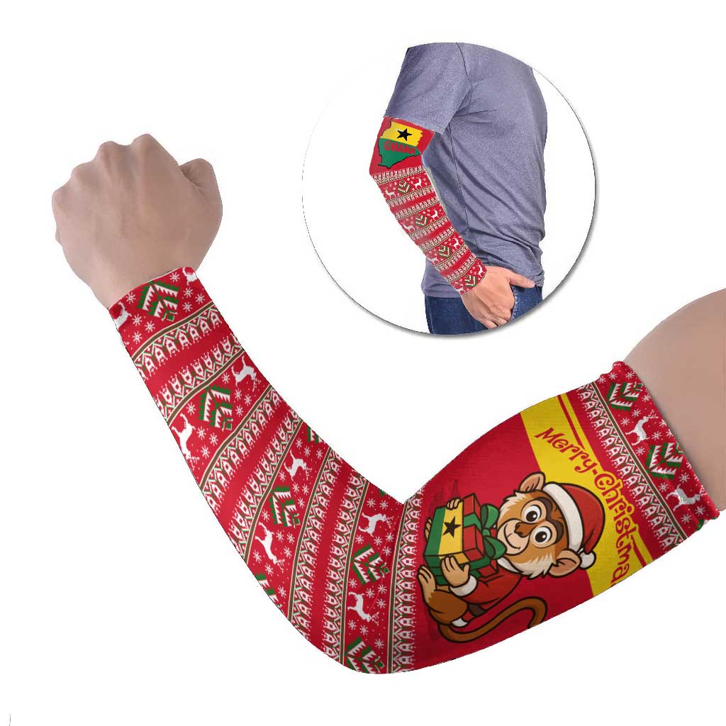 Ghana Christmas Arm Sleeves with Monkey Holding Gift Ghana Map and Festive - Wonder Print Shop