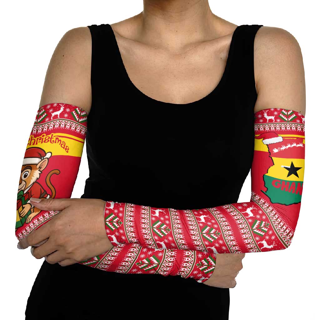 Ghana Christmas Arm Sleeves with Monkey Holding Gift Ghana Map and Festive - Wonder Print Shop