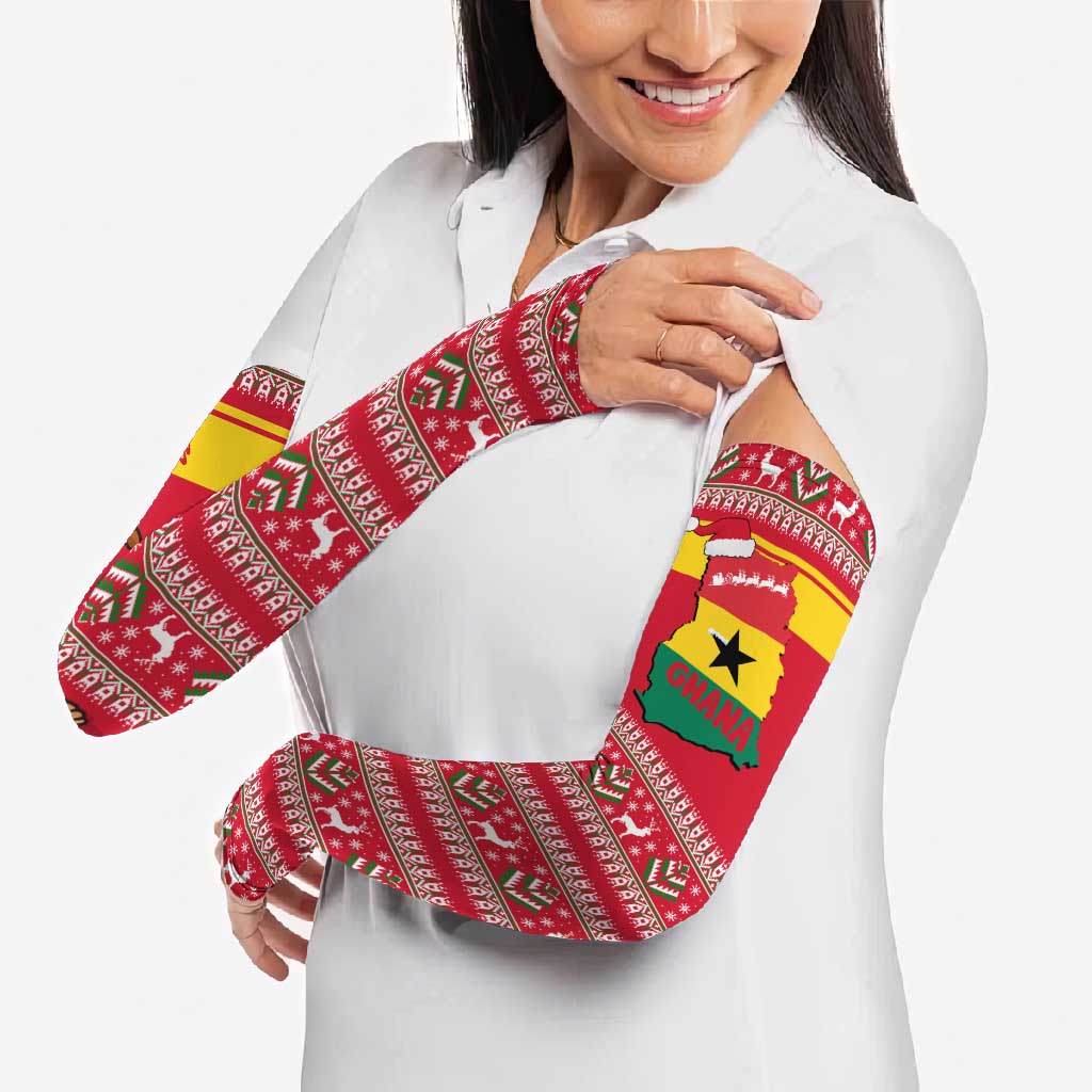 Ghana Christmas Arm Sleeves with Monkey Holding Gift Ghana Map and Festive - Wonder Print Shop