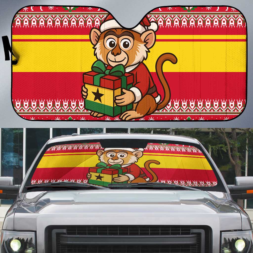 Ghana Christmas Auto Sun Shade with Monkey Holding Gift Ghana Map and Festive - Wonder Print Shop