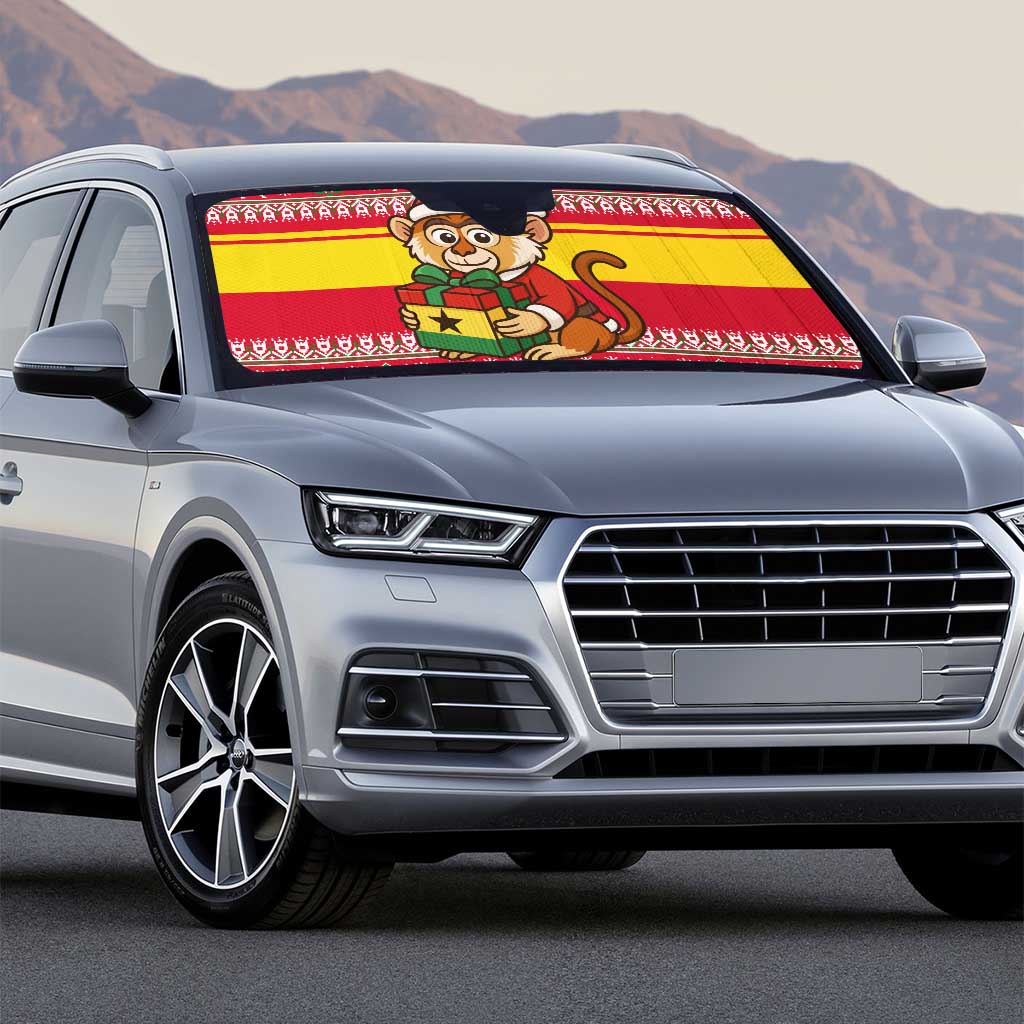 Ghana Christmas Auto Sun Shade with Monkey Holding Gift Ghana Map and Festive - Wonder Print Shop