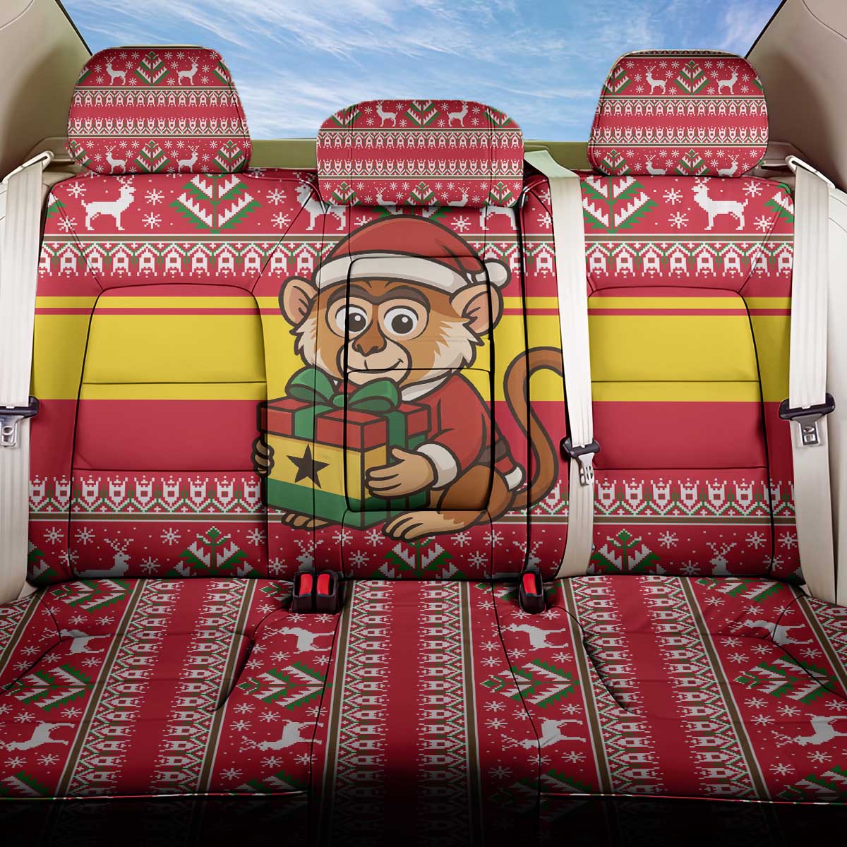 Ghana Christmas Back Car Seat Cover with Monkey Holding Gift Ghana Map and Festive - Wonder Print Shop