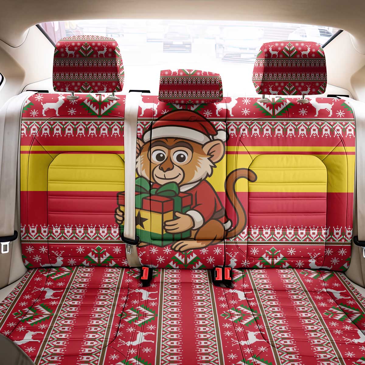 Ghana Christmas Back Car Seat Cover with Monkey Holding Gift Ghana Map and Festive - Wonder Print Shop