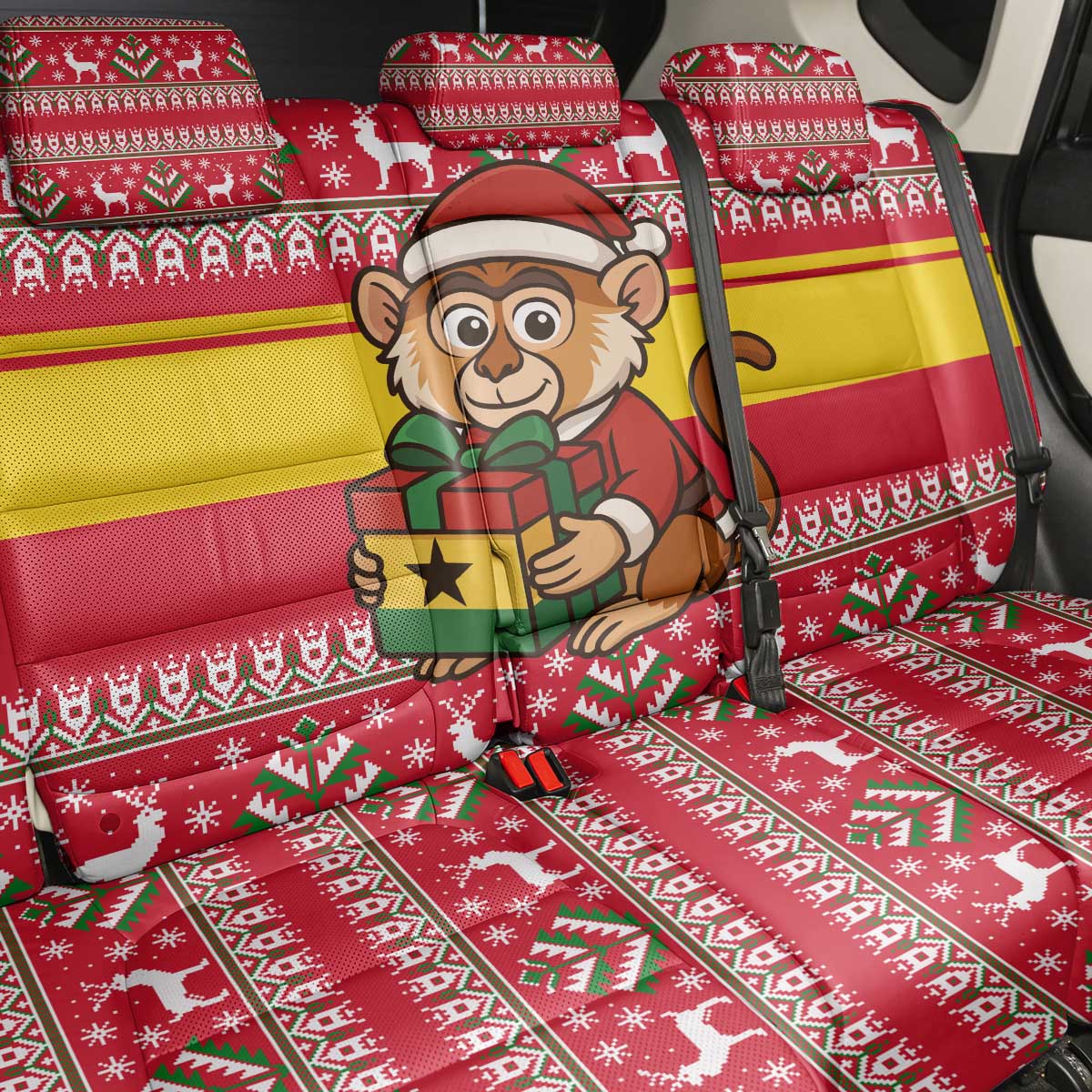 Ghana Christmas Back Car Seat Cover with Monkey Holding Gift Ghana Map and Festive - Wonder Print Shop