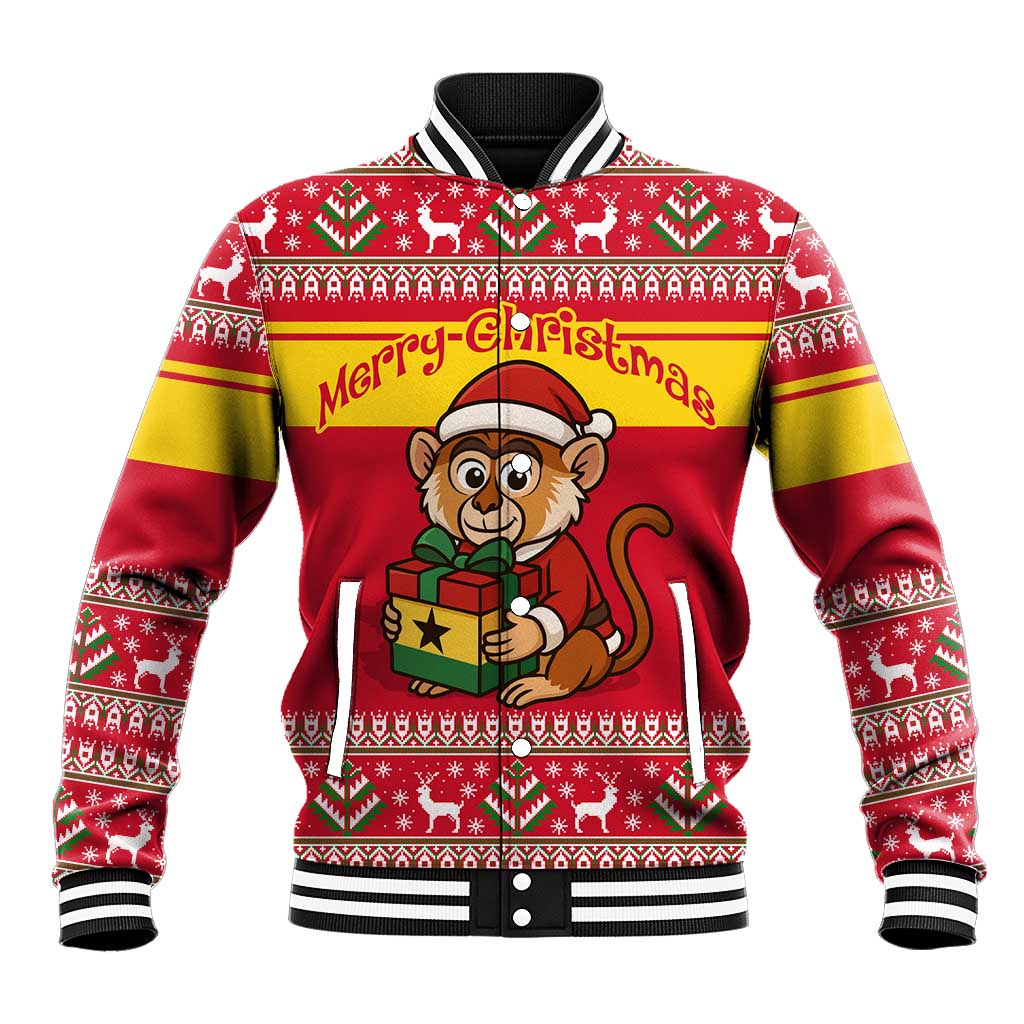 Ghana Christmas Baseball Jacket with Monkey Holding Gift Ghana Map and Festive - Wonder Print Shop