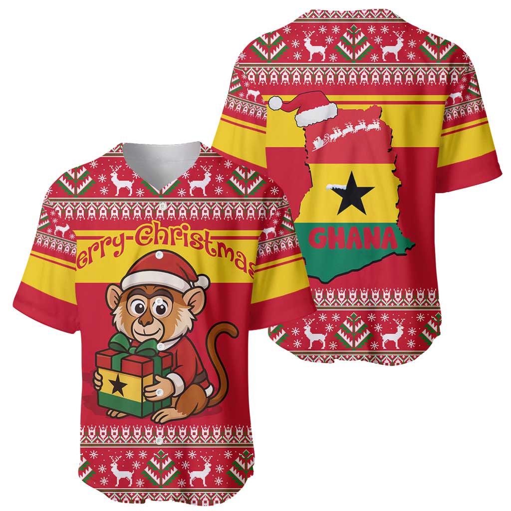 Ghana Christmas Baseball Jersey with Monkey Holding Gift Ghana Map and Festive - Wonder Print Shop