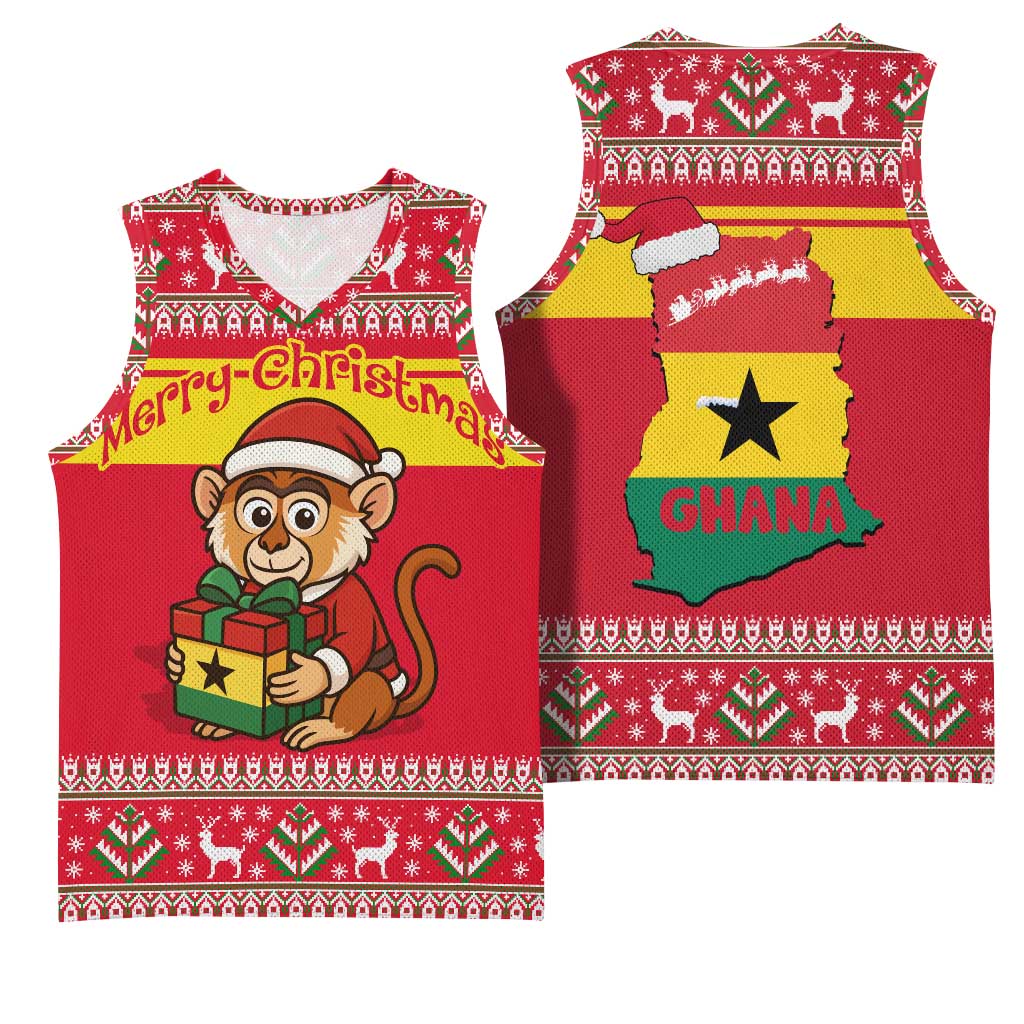 Ghana Christmas Basketball Jersey with Monkey Holding Gift Ghana Map and Festive - Wonder Print Shop