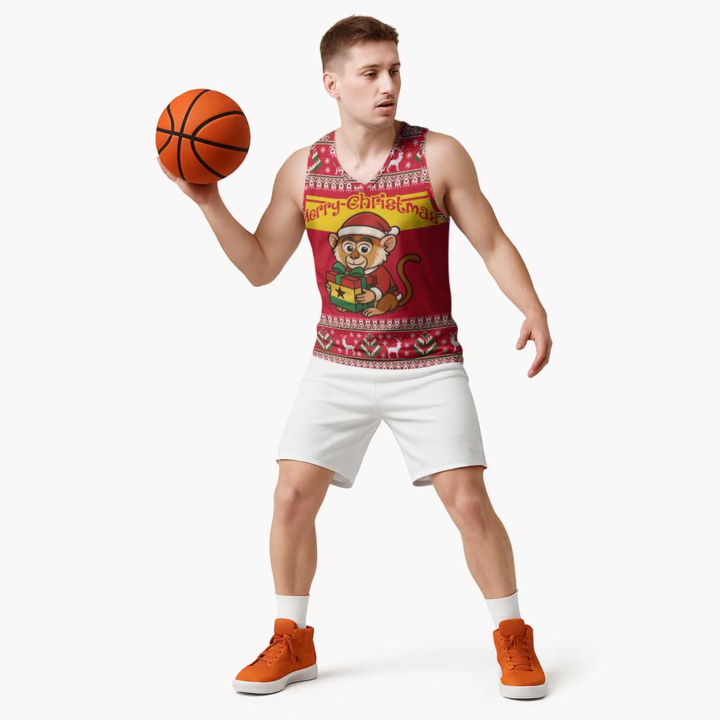Ghana Christmas Basketball Jersey with Monkey Holding Gift Ghana Map and Festive - Wonder Print Shop