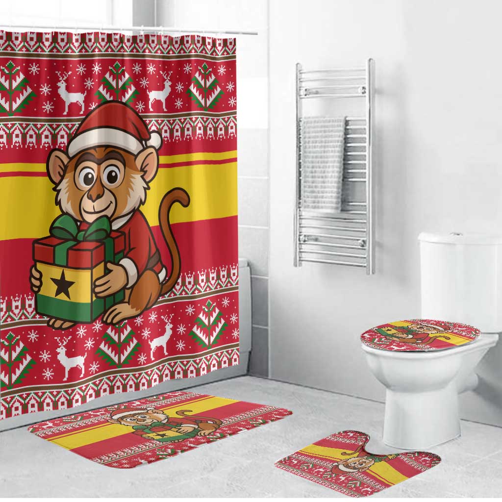 Ghana Christmas Bathroom Set with Monkey Holding Gift Ghana Map and Festive - Wonder Print Shop