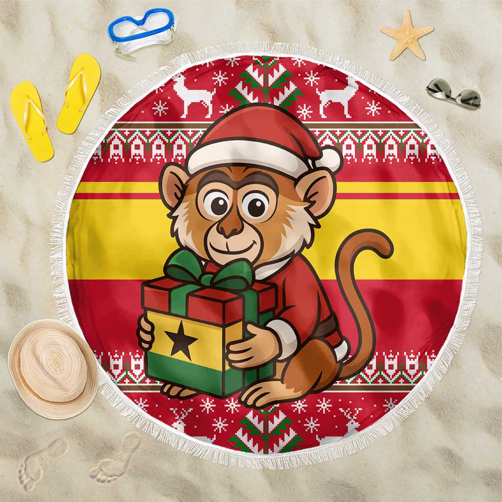 Ghana Christmas Beach Blanket with Monkey Holding Gift Ghana Map and Festive - Wonder Print Shop
