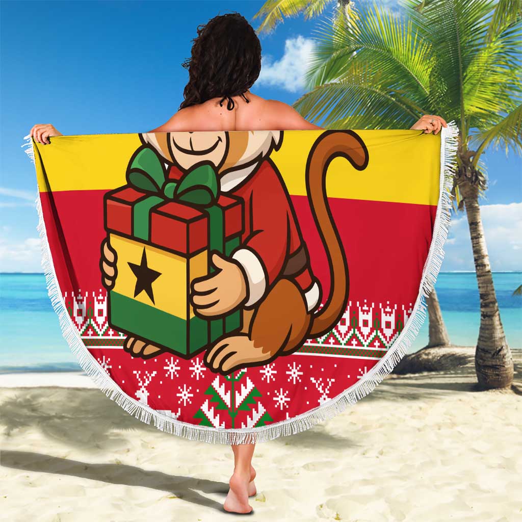 Ghana Christmas Beach Blanket with Monkey Holding Gift Ghana Map and Festive - Wonder Print Shop